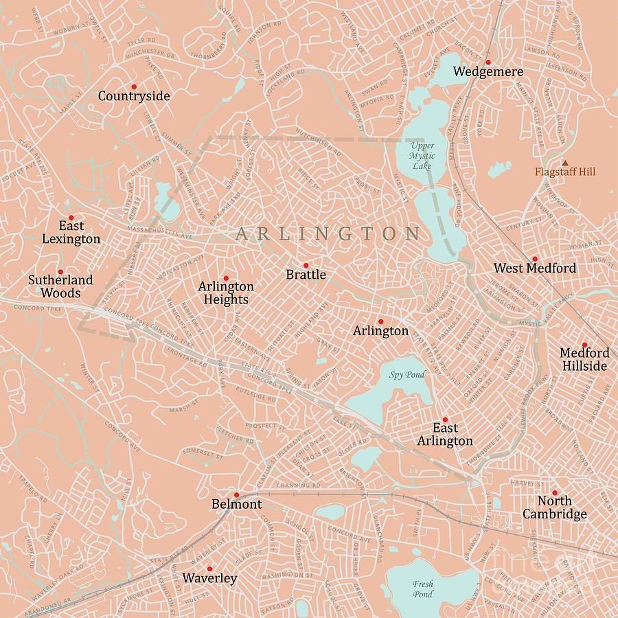 Map Digital Art - MA Middlesex Arlington Vector Road Map by Frank Ramspott