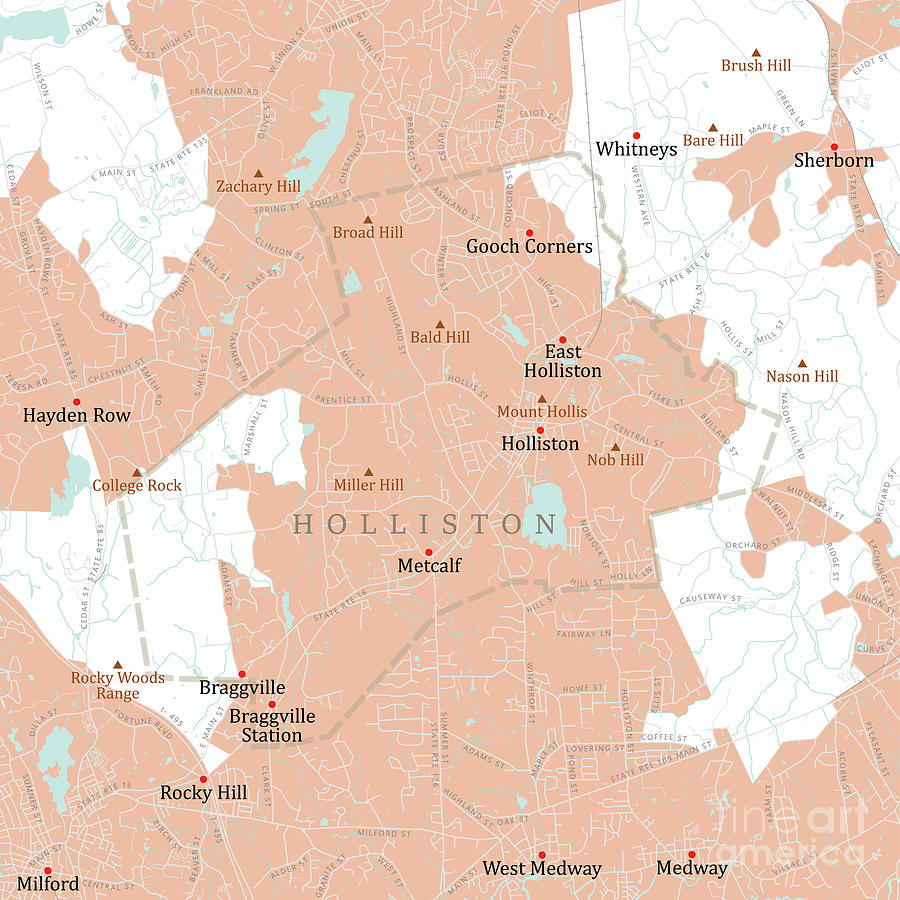 Ma Middlesex Holliston Vector Road Map Frank Ramspott 