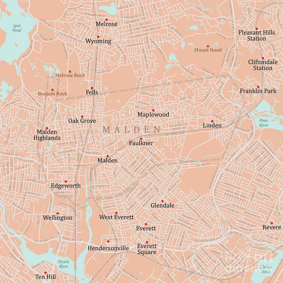 MA Middlesex Malden Vector Road Map Digital Art by Frank Ramspott ...