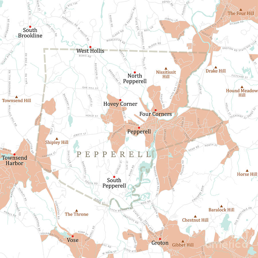 MA Middlesex Pepperell Vector Road Map Digital Art by Frank Ramspott ...