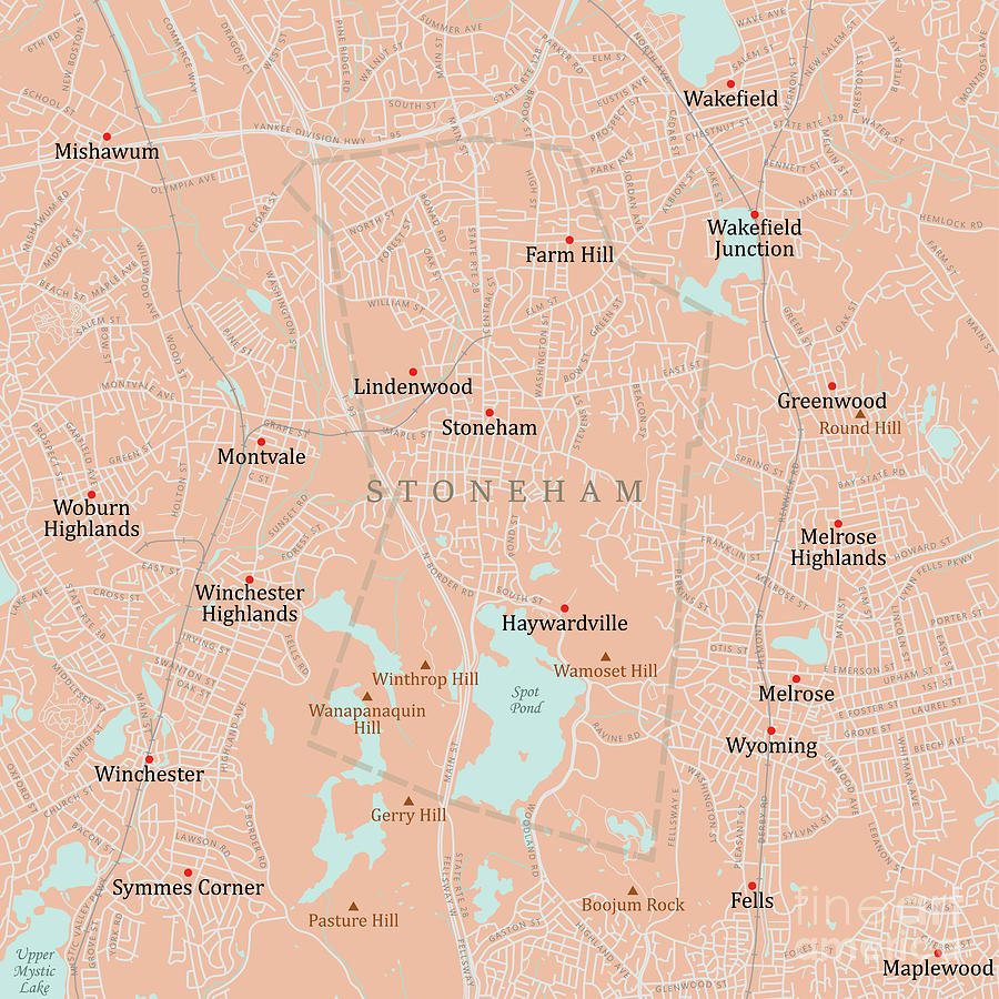 MA Middlesex Stoneham Vector Road Map Digital Art by Frank Ramspott ...