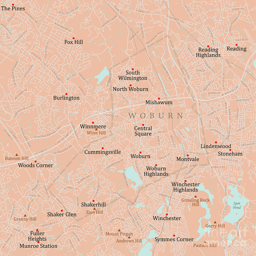 Ma Middlesex Woburn Vector Road Map Digital Art By Frank Ramspott Pixels