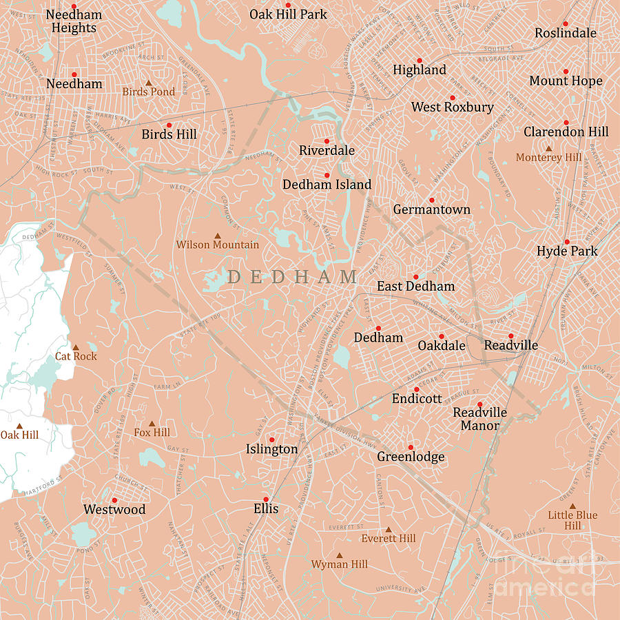 Map Digital Art - MA Norfolk Dedham Vector Road Map by Frank Ramspott