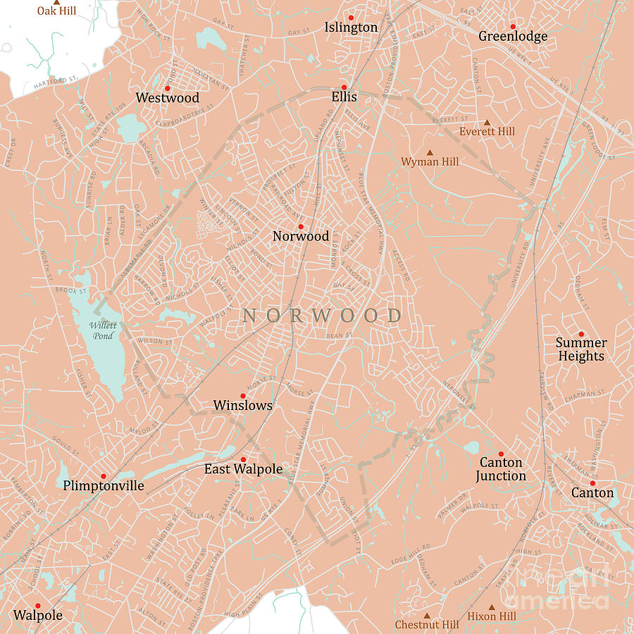 MA Norfolk Norwood Vector Road Map Digital Art by Frank Ramspott - Fine ...