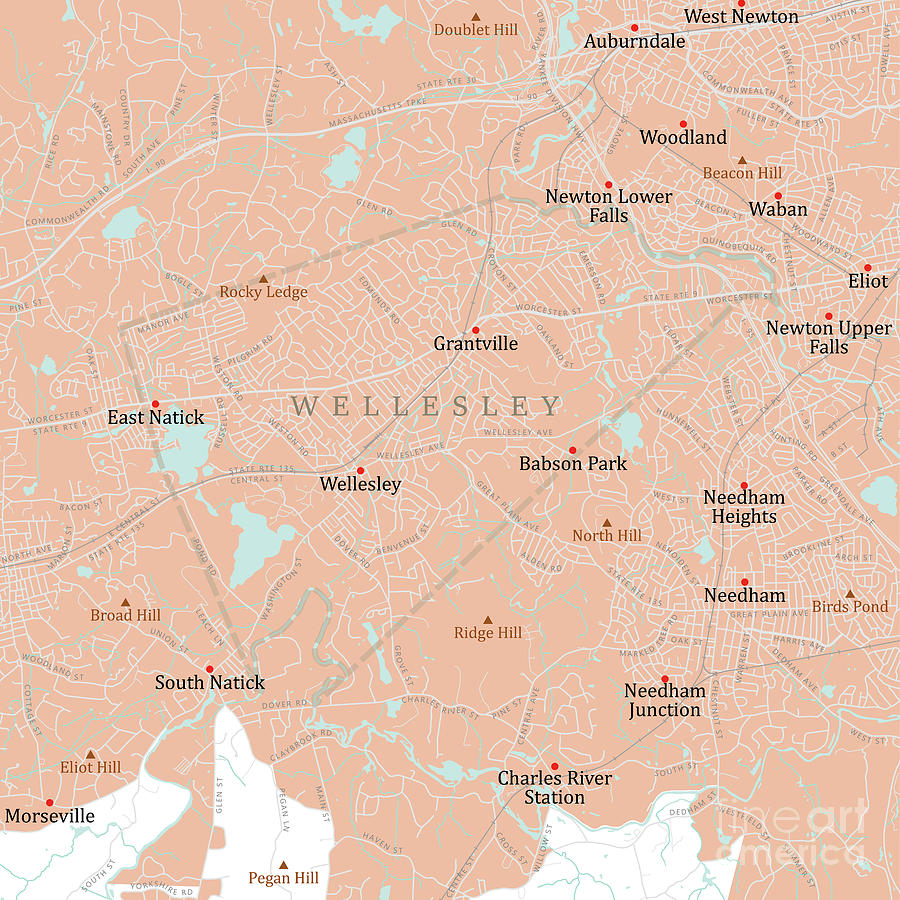 MA Norfolk Wellesley Vector Road Map Digital Art by Frank Ramspott - Pixels