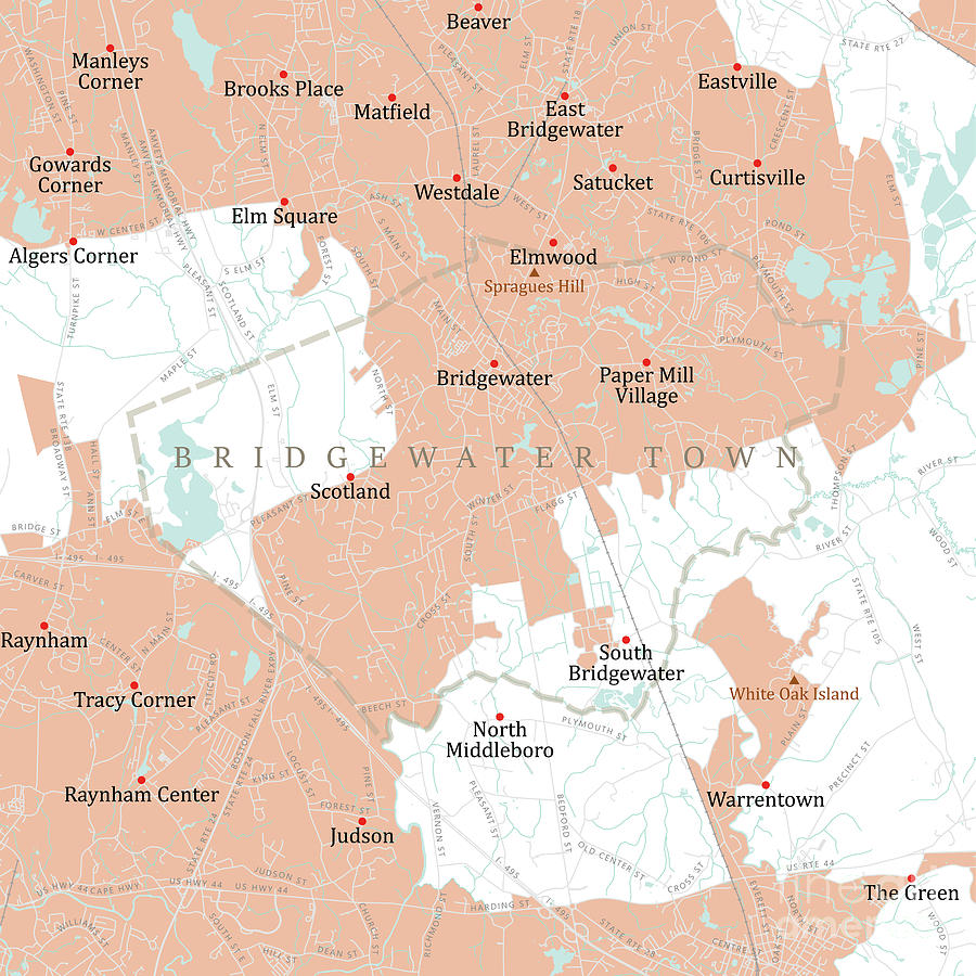 Map Digital Art - MA Plymouth Bridgewater Town Vector Road Map by Frank Ramspott