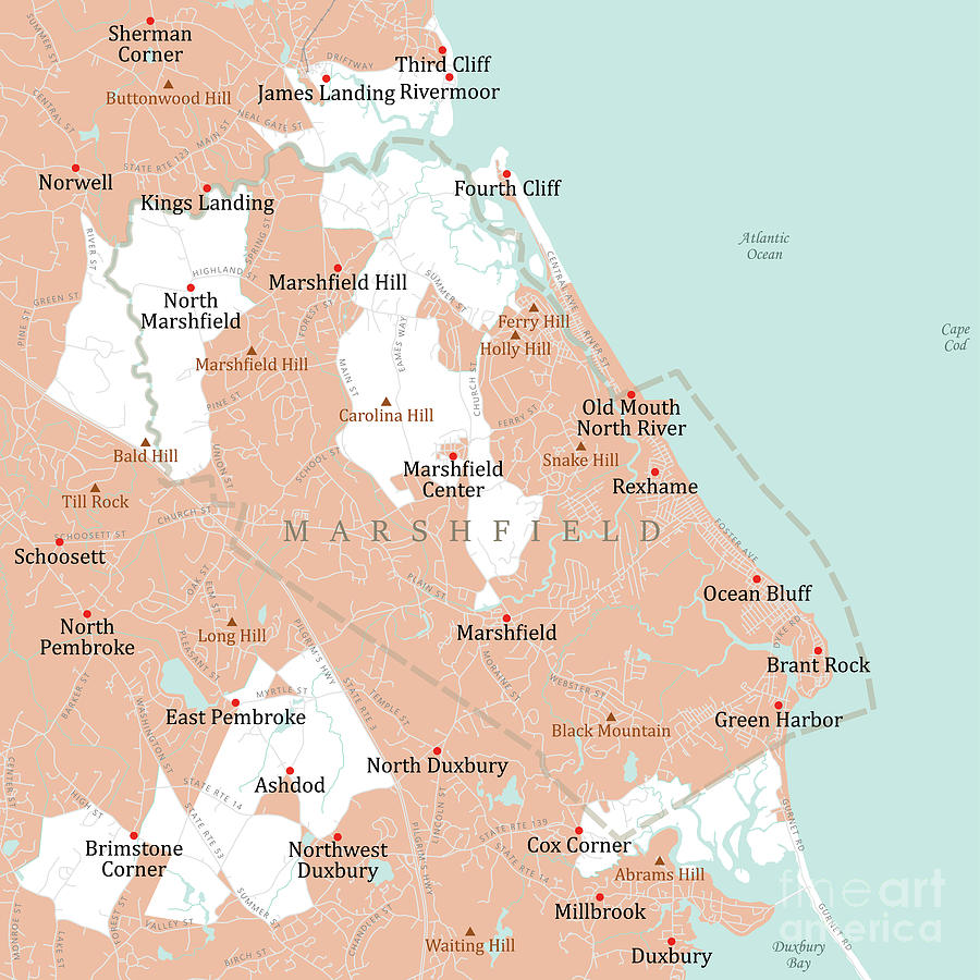 Map Digital Art - MA Plymouth Marshfield Vector Road Map by Frank Ramspott