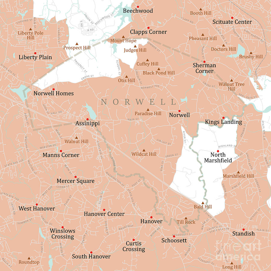 Map Digital Art - MA Plymouth Norwell Vector Road Map by Frank Ramspott