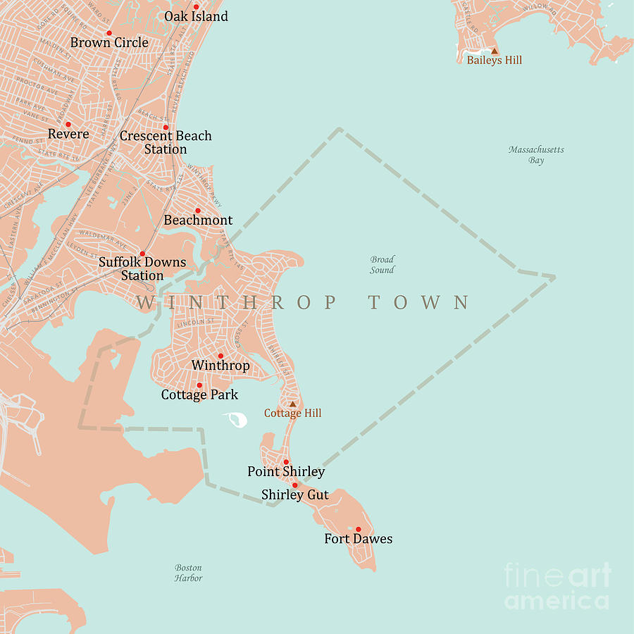 MA Suffolk Winthrop Town Vector Road Map Digital Art by Frank Ramspott ...