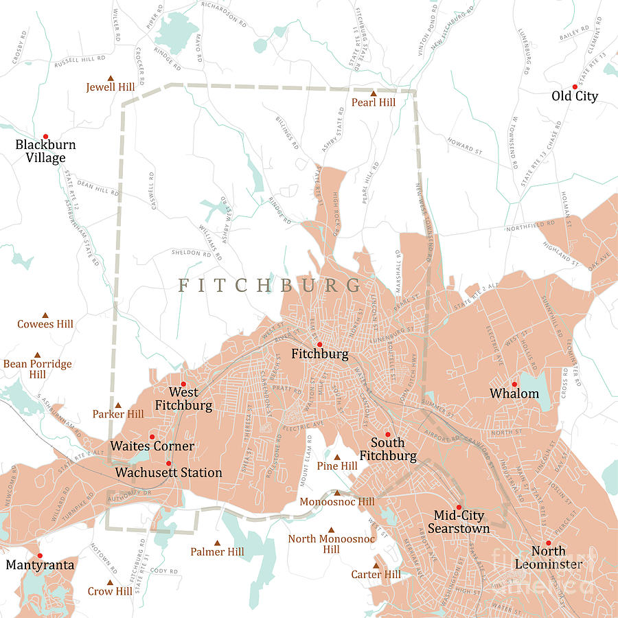 MA Worcester Fitchburg Vector Road Map Digital Art by Frank Ramspott