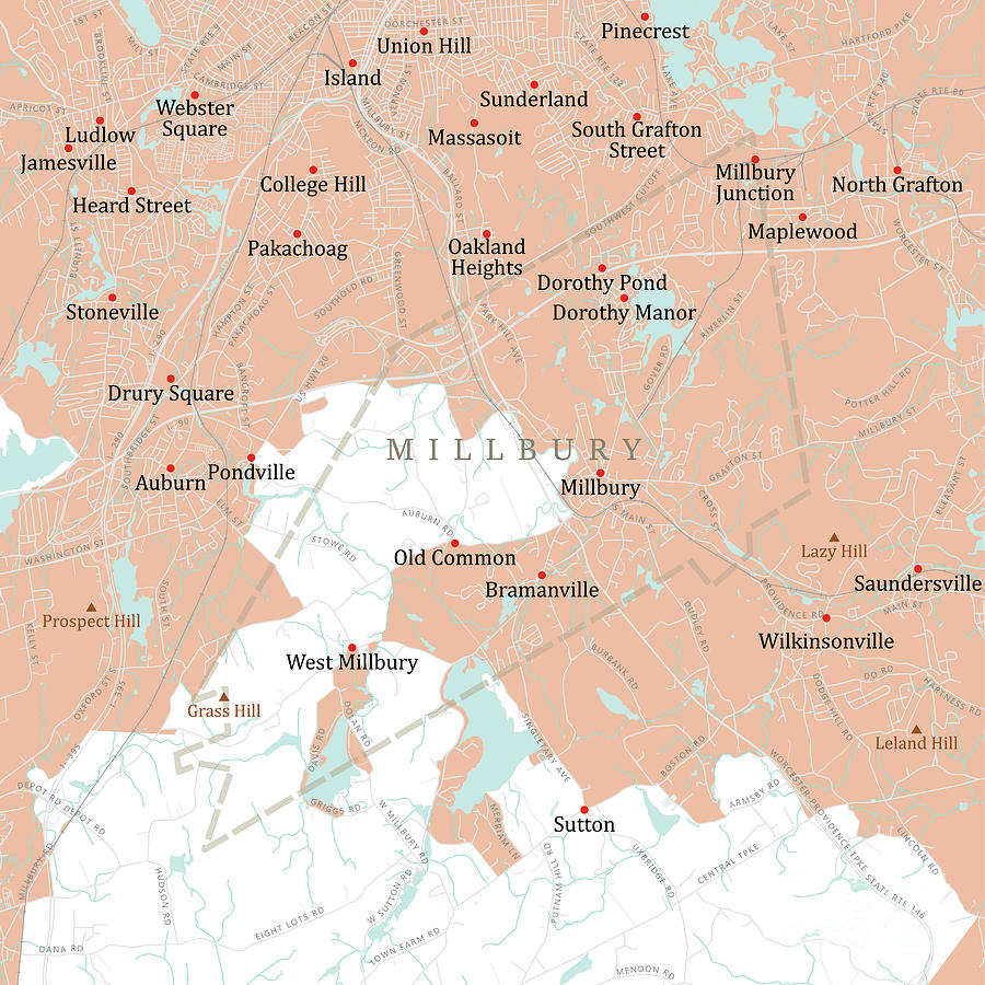 MA Worcester Millbury Vector Road Map Digital Art by Frank Ramspott ...