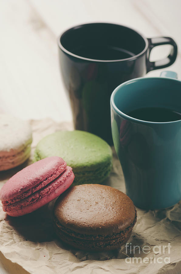 Macaroons And Coffee. Vintage Filter Photograph