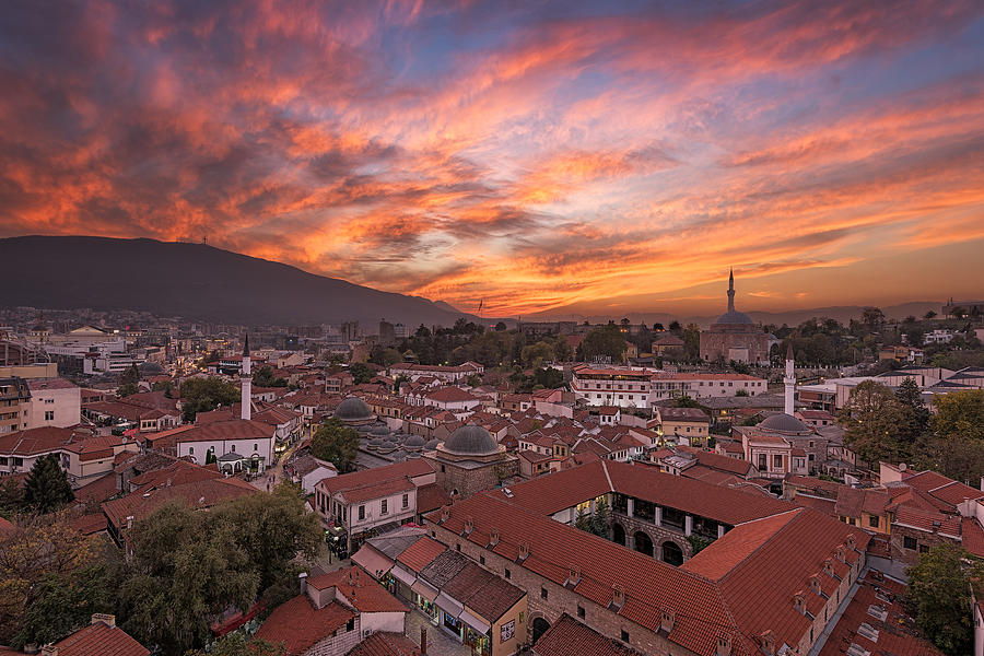 Macedonia, Skopje, Old Bazaar, Cityscape with moody sunset sky Photograph by RilindH