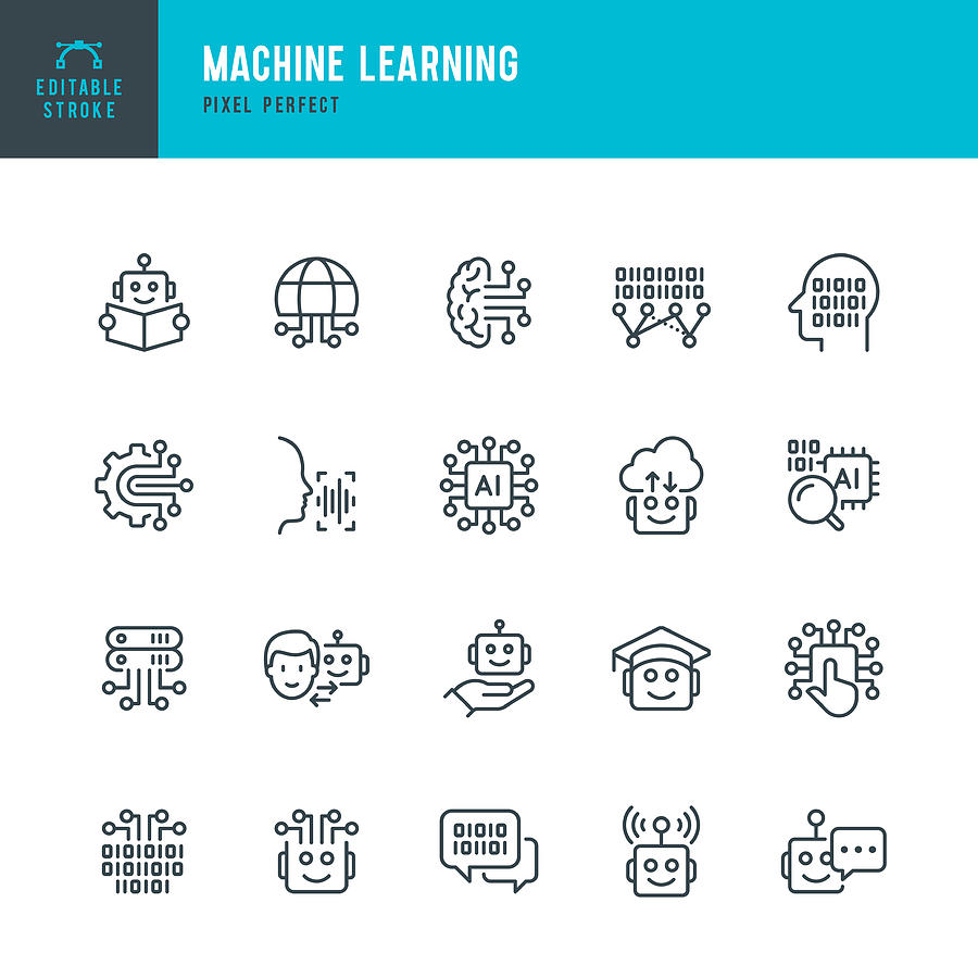 Machine Learning - thin line vector icon set. Pixel perfect. Editable stroke. The set contains icons: Artificial Intelligence, Robot, Computer Language, Big Data, Digital Profile, AI Research, Neural Network. Drawing by Fonikum