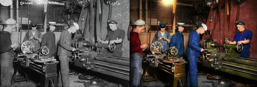 Machinist - Lathe - Engine lathe work 1915 - Side by Side Photograph by Mike Savad