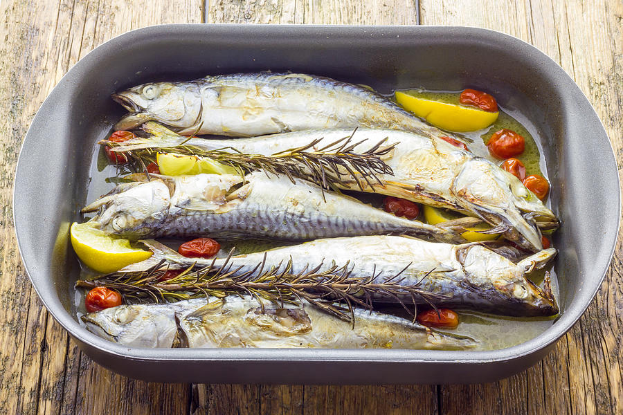 Mackerel baked with tomatoes Photograph by Fpwing