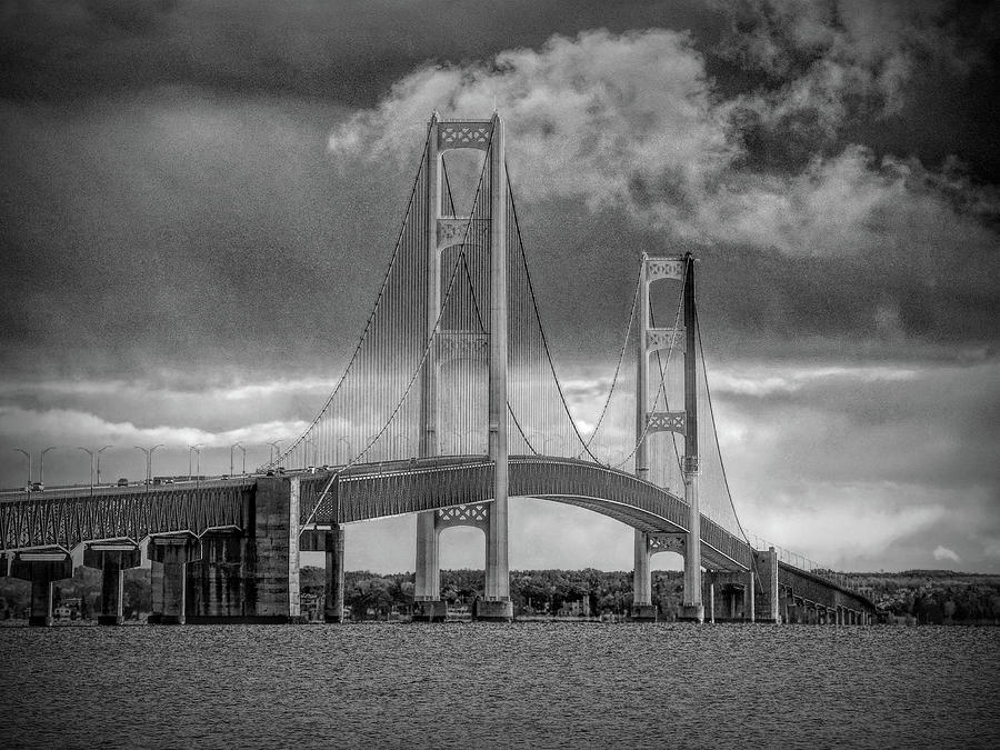Mackinac Bridge in Black and White Photograph by Bill Swartwout