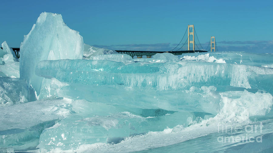 Mackinac Bridge with blue ice. Photograph by Todd Bielby Pixels