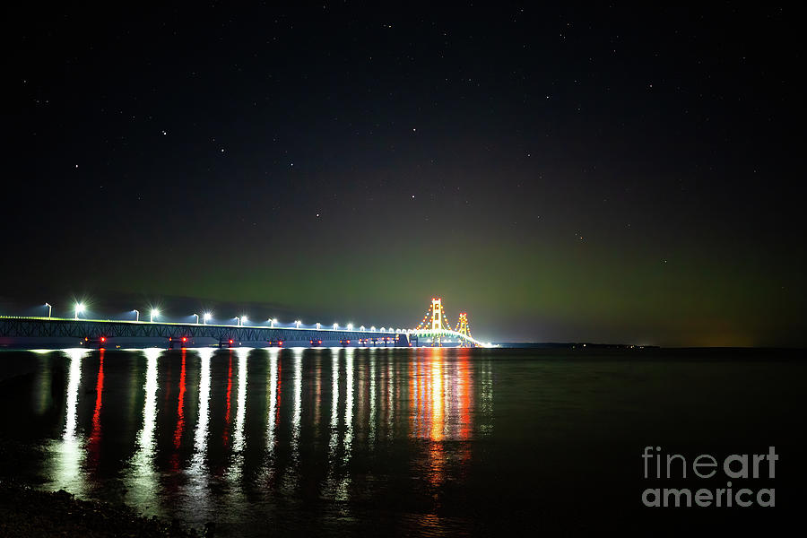 Mackinac Bridge With Northern Glow And Big Dipper Photograph
