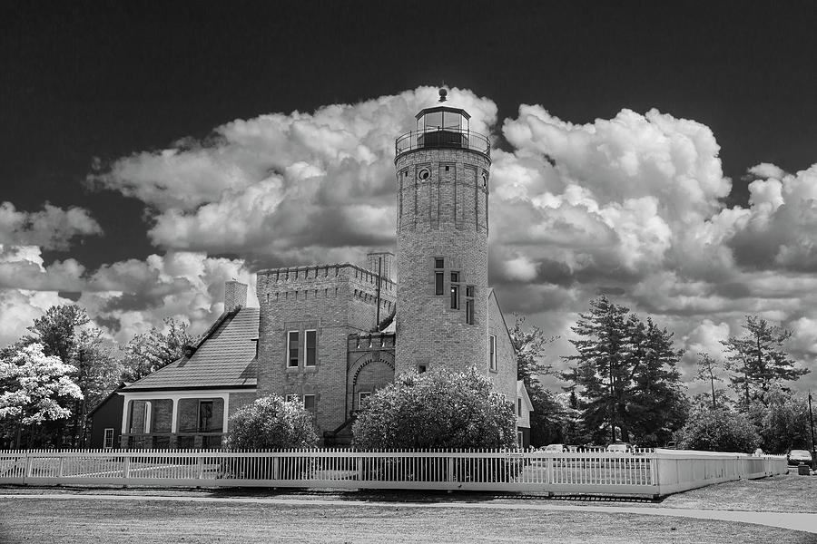 Mackinaw City Lighthouse in Summer in Black and White Photograph by Randall Nyhof