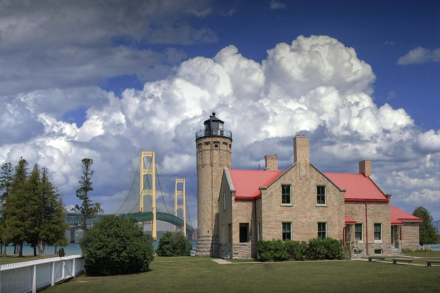 Mackinaw City Lighthouse with Mackinac Bridge in a Nautical Deco Photograph by Randall Nyhof