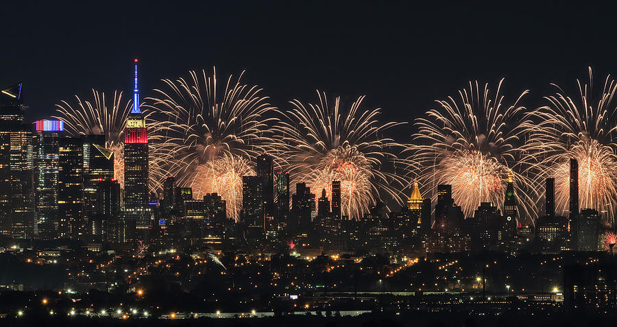 Fourth of July Fireworks with NYC Skyline Photograph by Scott Miller