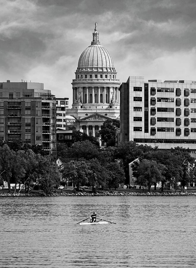 Madison Capitol with Rower BW Photograph by Steven Ralser