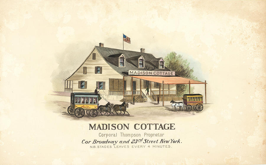 Madison Painting - Madison Cottage Corporal Thompson Proprietor Cor Broadway and   rd Street New York N B Stages Leaves Every   Minutes New York      circa  by Anonymous
