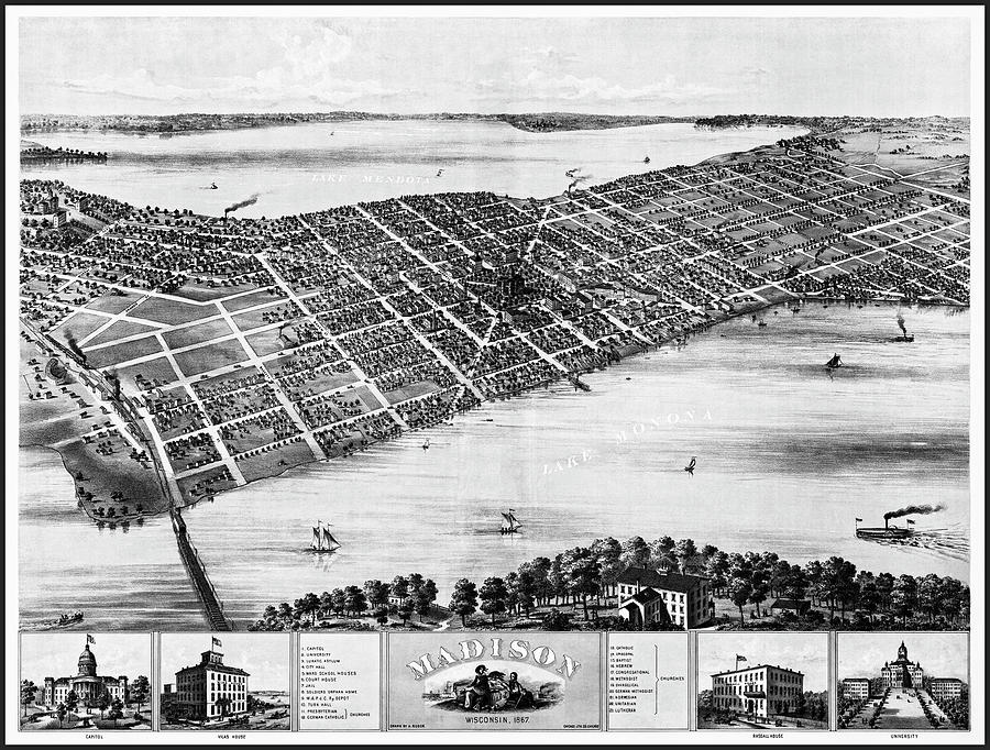 Madison Photograph - Madison Wisconsin Vintage Map Birds Eye View 1867 Black and White by Carol Japp
