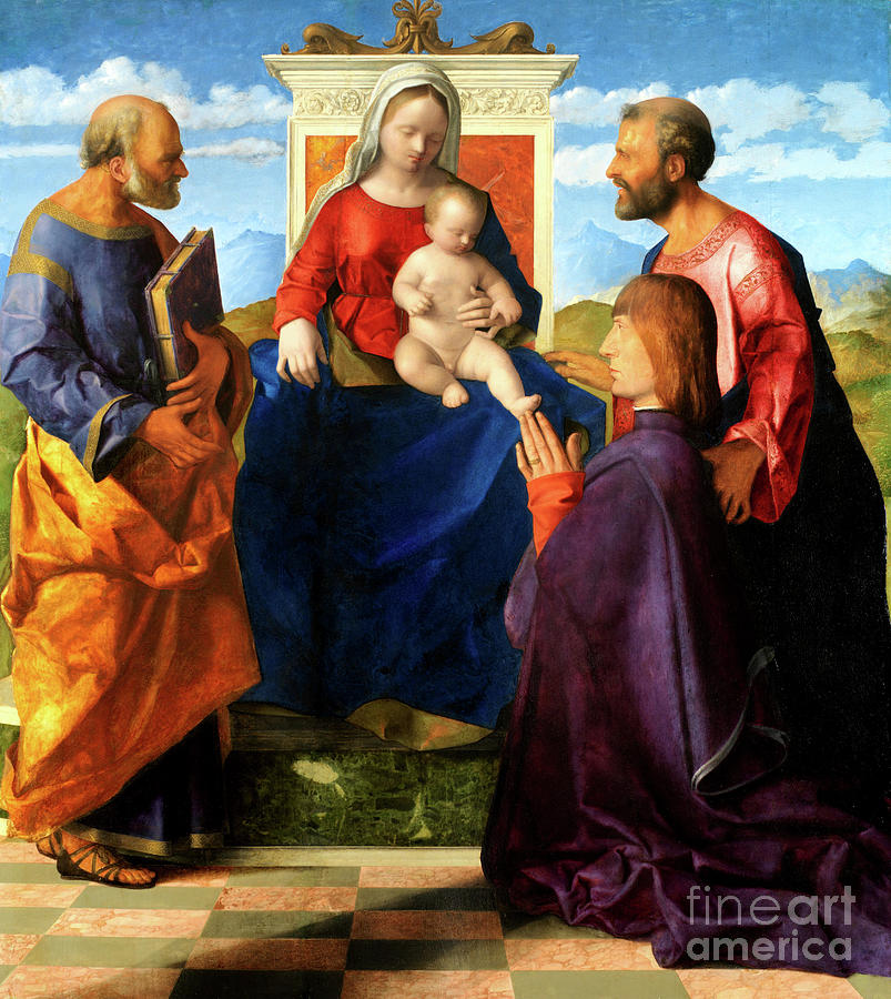 Giovanni Bellini Painting - Madonna and Child Enthroned with Peter and Paul and a Donor by Giovanni Bellini