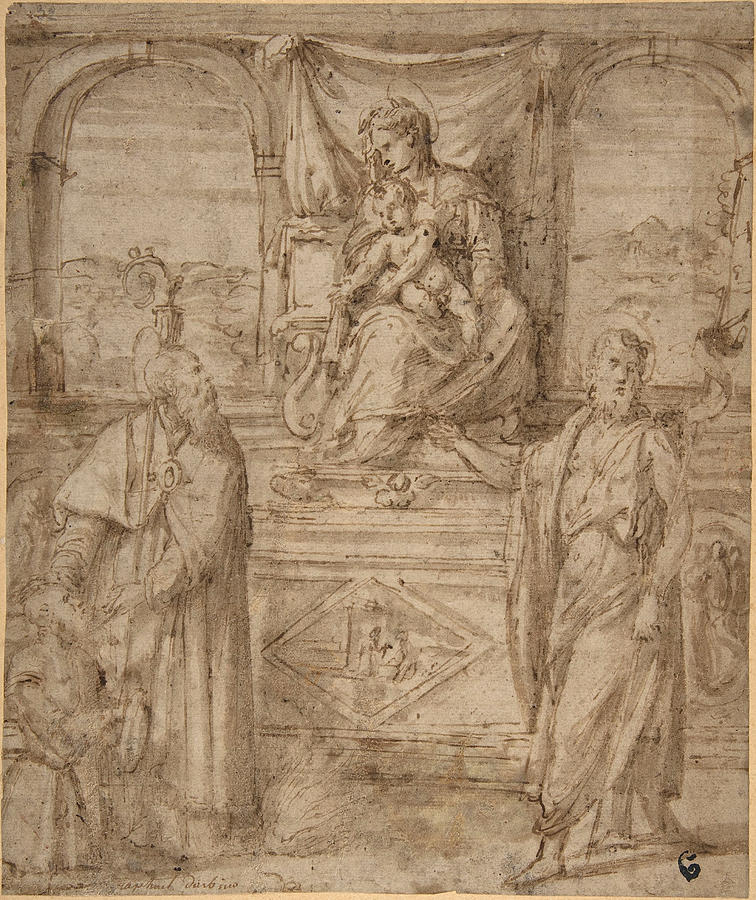 Madonna and Child Enthroned with Saint Basil the Great and Saint John the Baptist and Donor Drawing by Niccolo dell Abbate