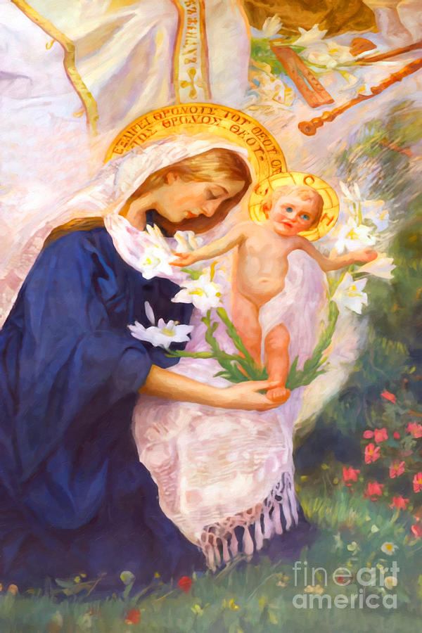 Madonna and Child with Flowers Painting by Munir Alawi