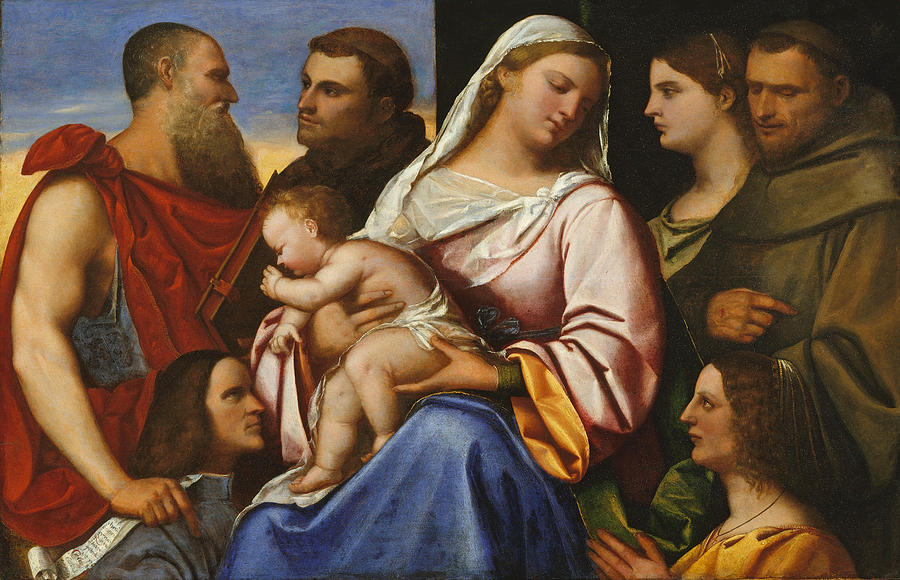 Madonna and Child with Saints and Donors Painting by Attributed to Sebastiano del Piombo