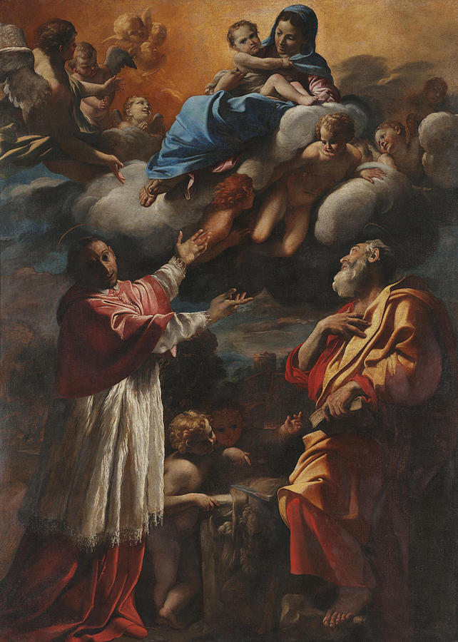 Giovanni Lanfranco Painting - Madonna and Child with St  Charles Borromeo and St  Bartholomew  by Giovanni Lanfranco