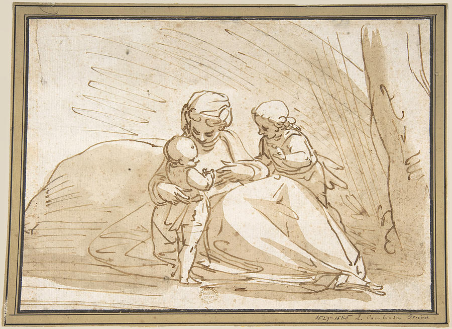 Madonna and Child with the Infant Saint John Drawing by Luca Cambiaso