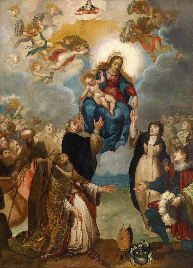 Madonna with Child, presenting St. Catherine with a garland of roses Painting by Giulio Cesare Angeli Madonna with Child, presenting St. Catherine with a garland of roses Painting by Giulio Cesare Angeli