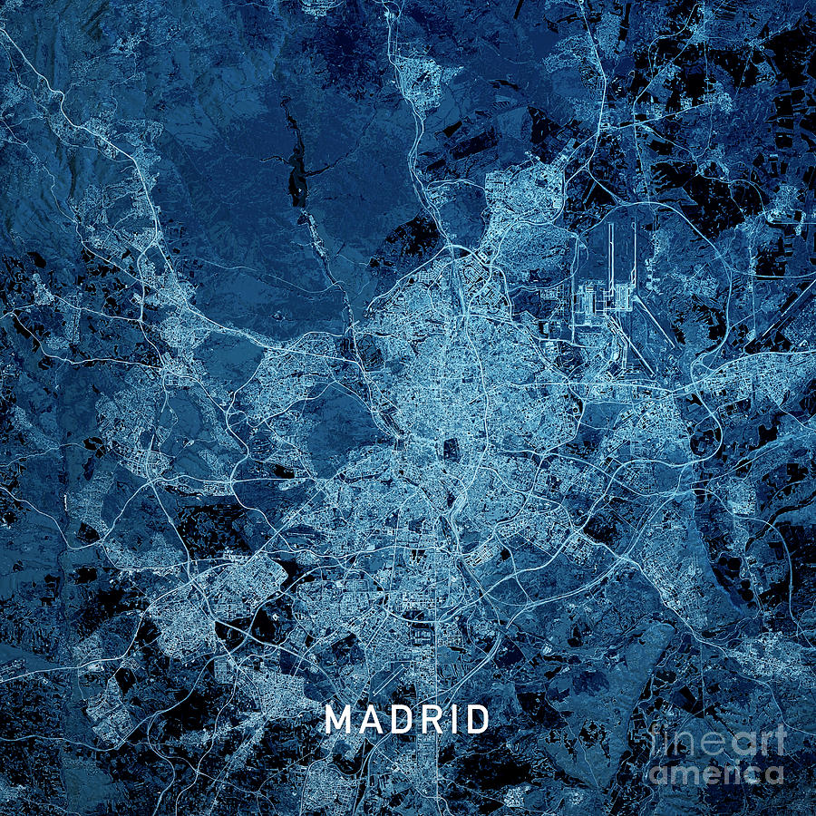 Airport Digital Art - Madrid Spain 3D Render Map Blue Top View Aug 2019 by Frank Ramspott