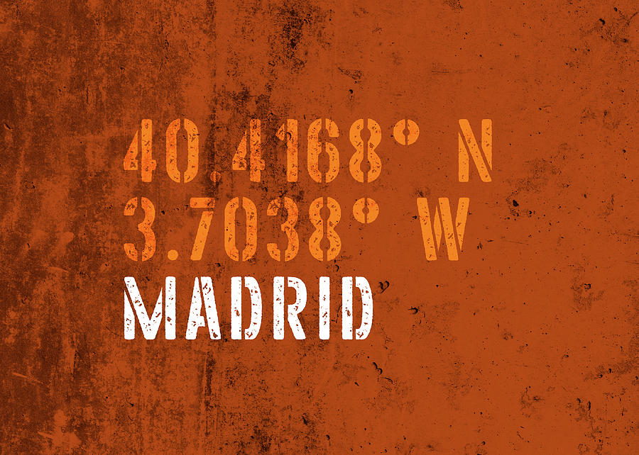 Vintage Mixed Media - Madrid Spain City Coordinates Grunge Distressed Vintage Typography by Design Turnpike