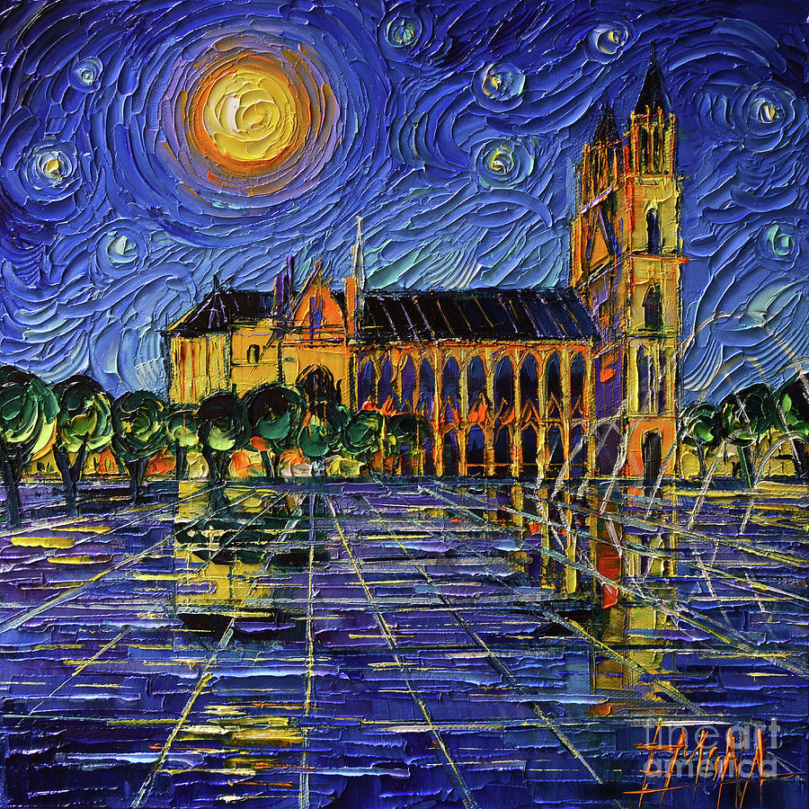 Magdeburg Cathedral Germany Van Gogh sky commissioned palette knife oil painting Mona Edule Painting by Mona Edulesco