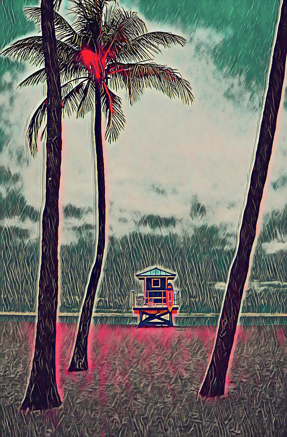 Magenta and Teal Beach Scene Hollywood Beach Fort Lauderdale Florida Stylized Digital Art Digital Art by Shawn OBrien