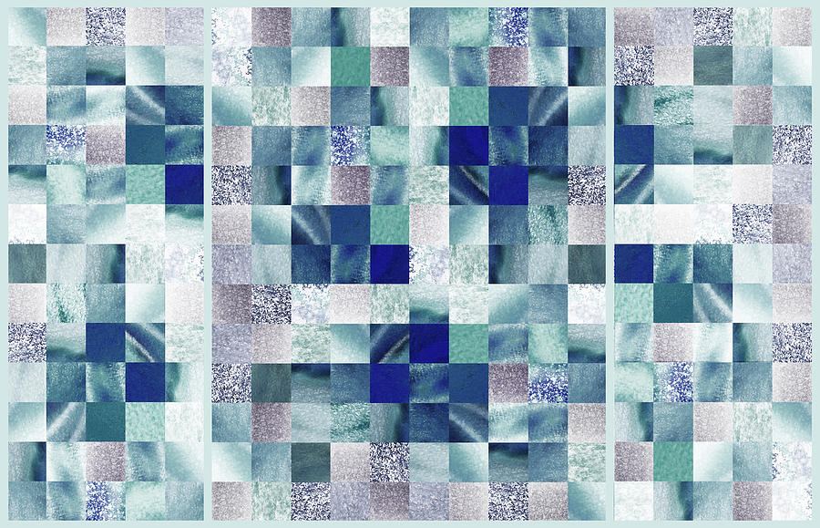 Magic Blues Watercolor Squares Art Mosaic Quilt Painting by Irina Sztukowski