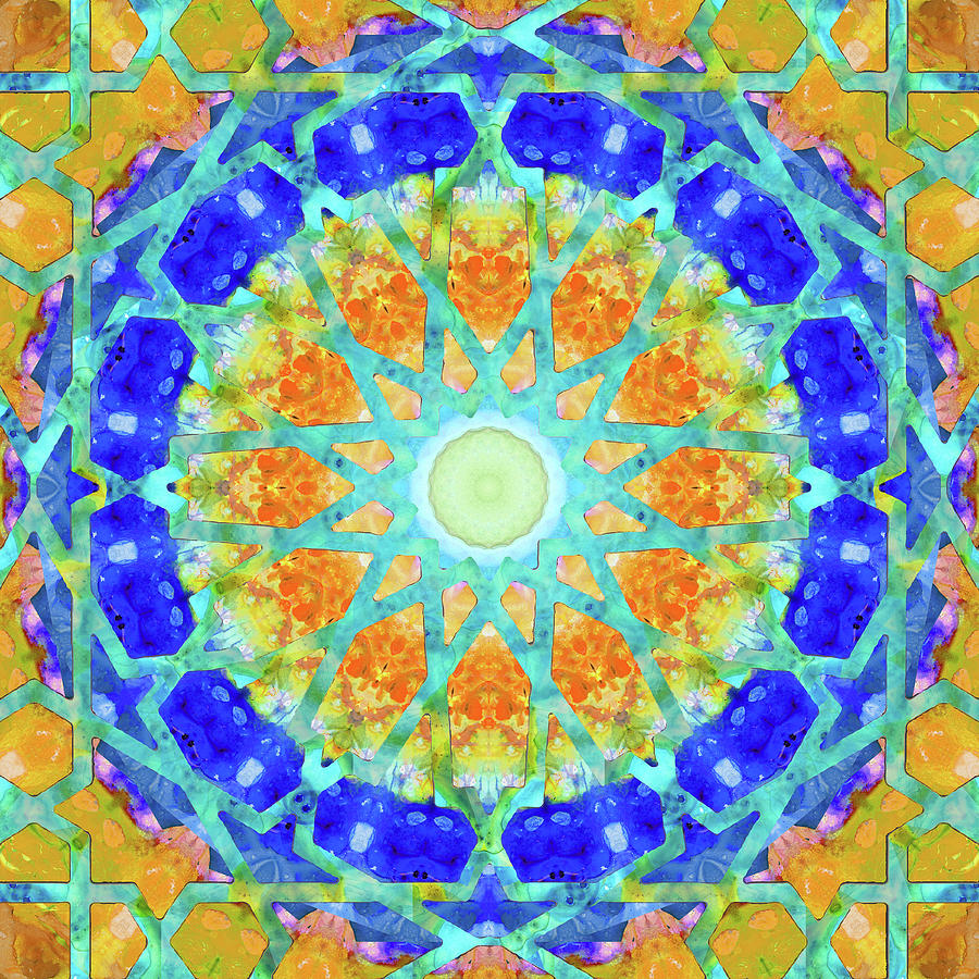Mandala Painting - Magic Mandala Seven Yellow And Blue Art by Sharon Cummings