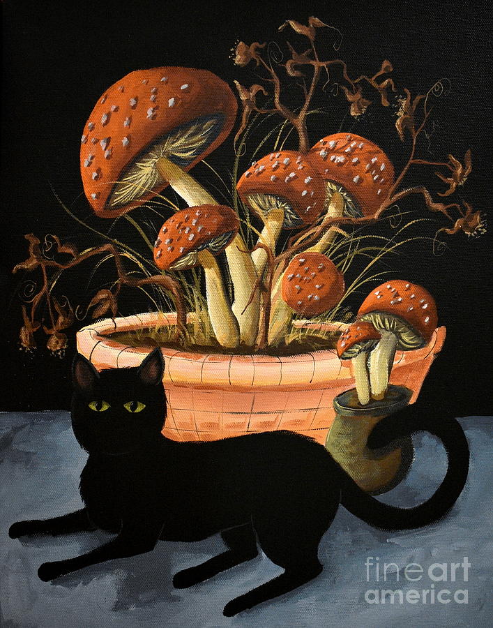 Magic Mood   cat mushrooms Painting by Debbie Criswell