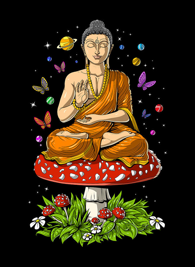 Buddha Digital Art - Magic Mushrooms Buddha  by Nikolay Todorov