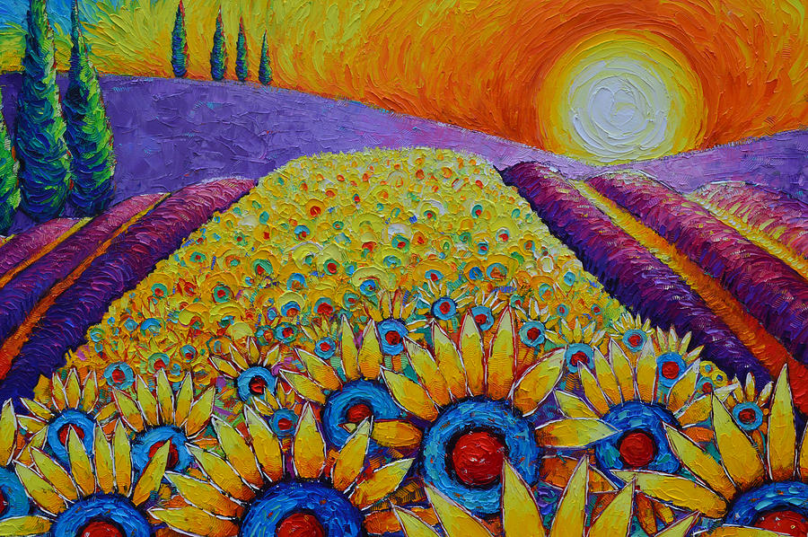 MAGIC OF PROVENCE SUNFLOWERS AND LAVENDER FIELDS landscape commissioned painting Ana Maria Edulescu Painting by Ana Maria Edulescu