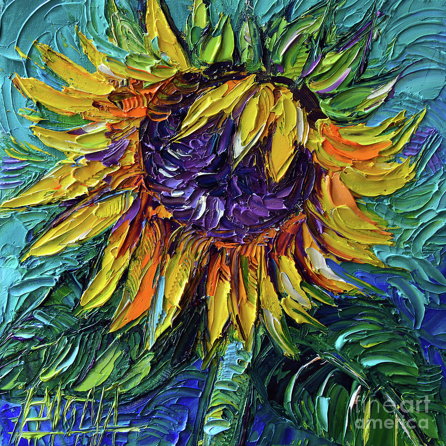 Sunflower Painting - MAGIC SUNFLOWER textured palette knife oil painting Mona Edulesco by Mona Edulesco