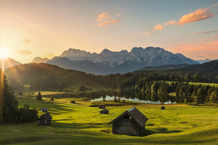 Magic Sunrise at Alpine Lake Geroldsee - view to mount Karwendel, Garmisch Partenkirchen, Alps Photograph by DieterMeyrl