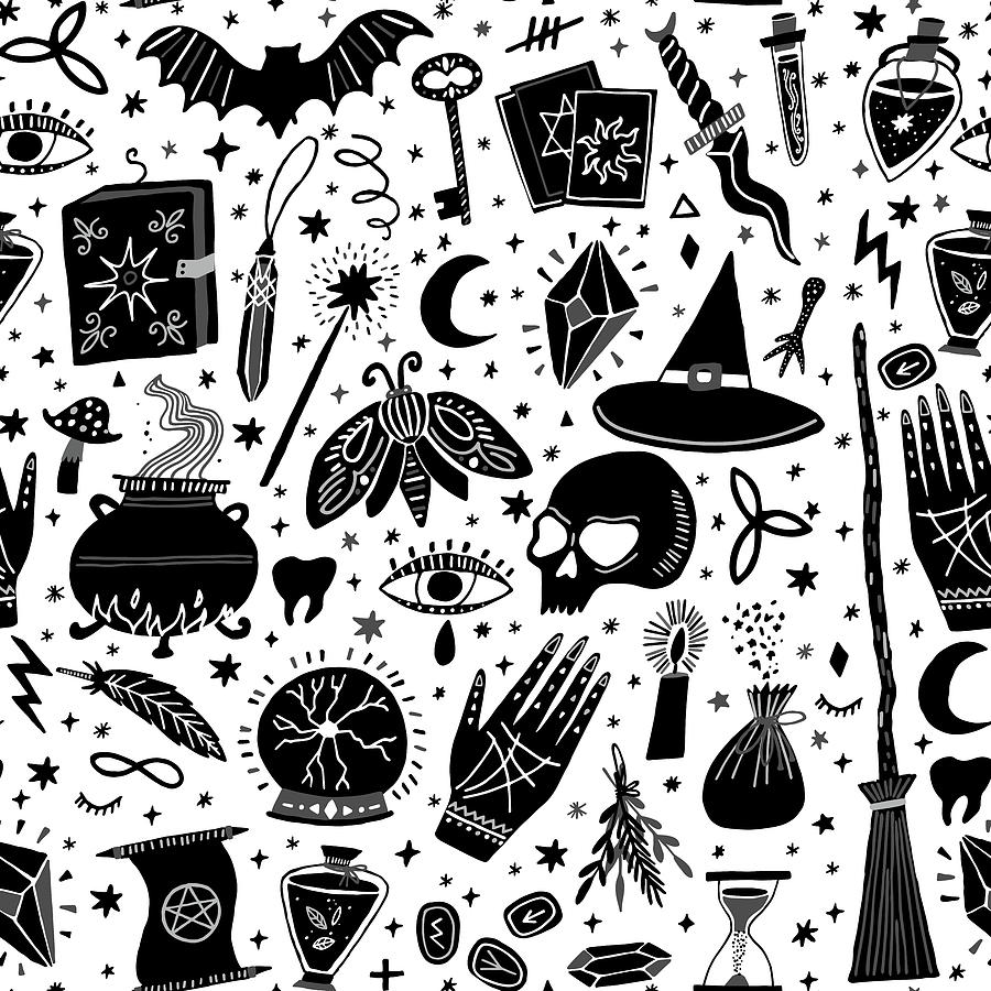 Magic Drawing - magic witch seamless pattern. Witchcraft background by Julien
