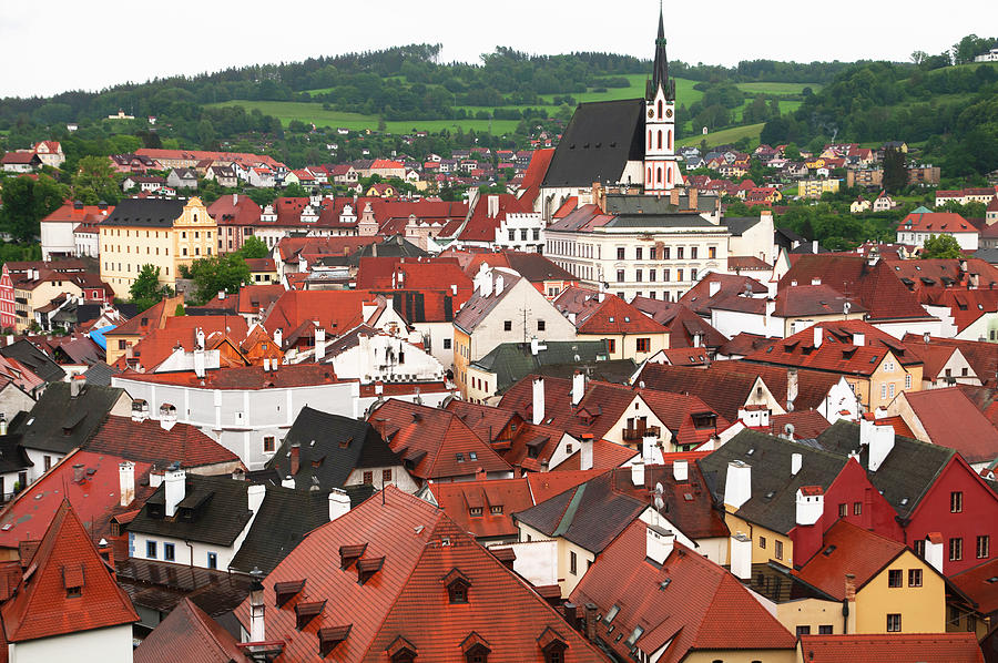 Magical Charm of Cesky Krumlov - St. Vitus Church and Red Roofs 1 Photograph by Jenny Rainbow