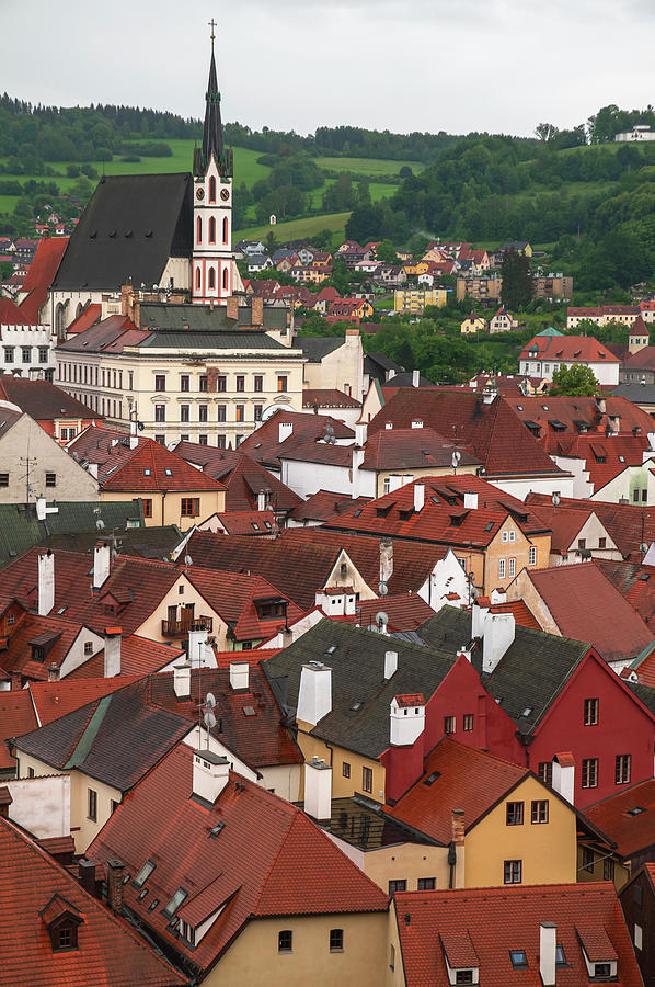 Magical Charm of Cesky Krumlov - St. Vitus Church and Red Roofs Photograph by Jenny Rainbow